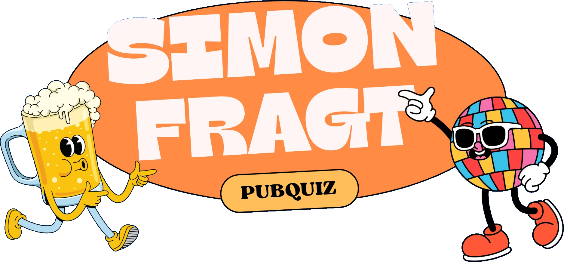 Simon fragt! Pubquiz – Logo mit Bier und Discokugel